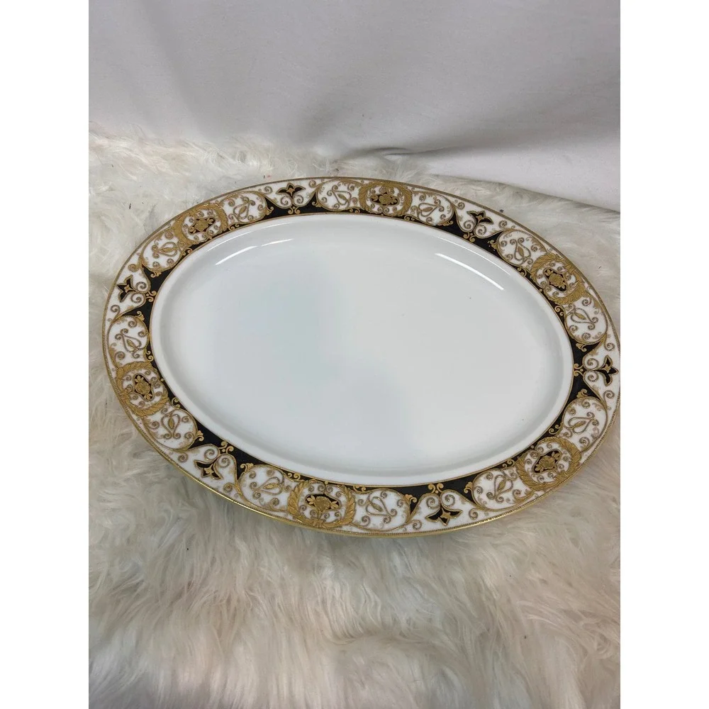 Noritake Hand Painted Oval Turkey Platter Gold Encrusted Black 16‎ Inch No 20056